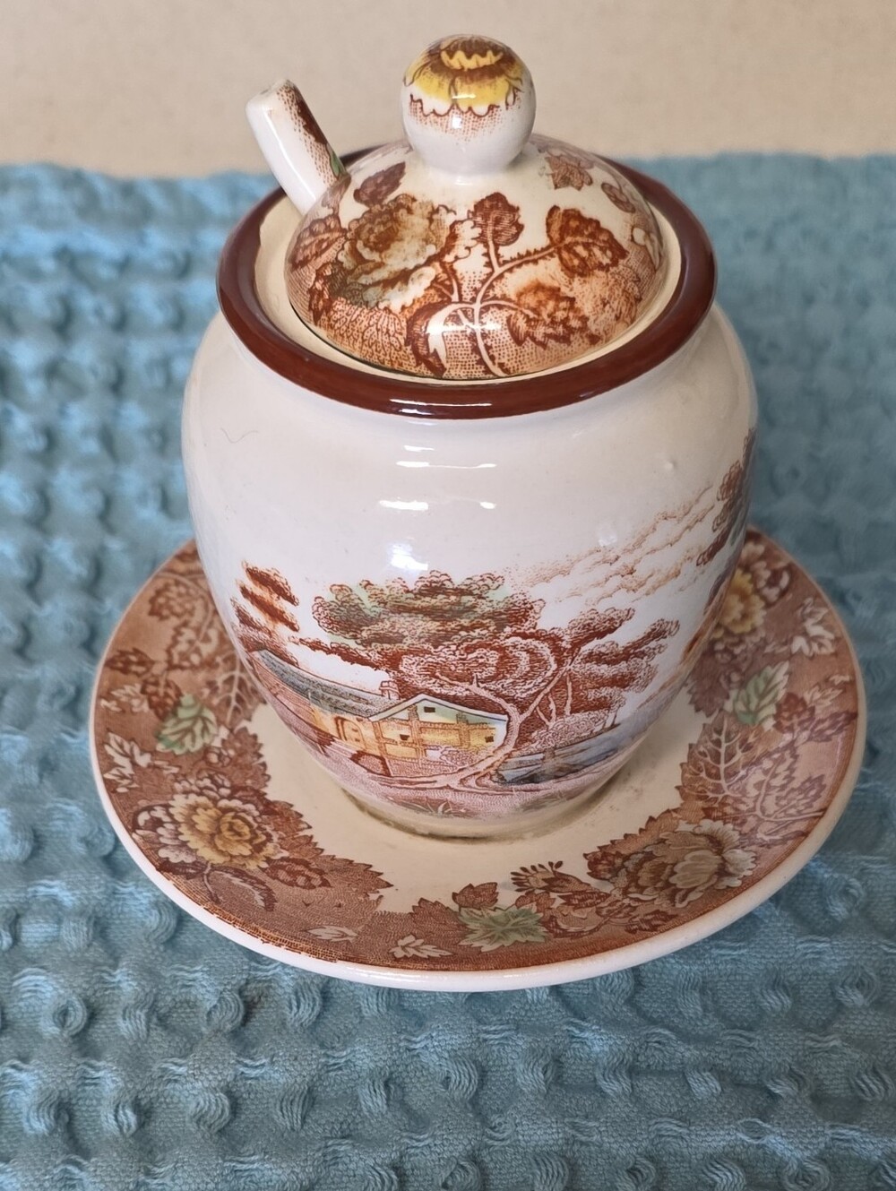 NASCO Mountain Woodland Vintage  Covered Jam or Sugar Bowl with Saucer and Spoon